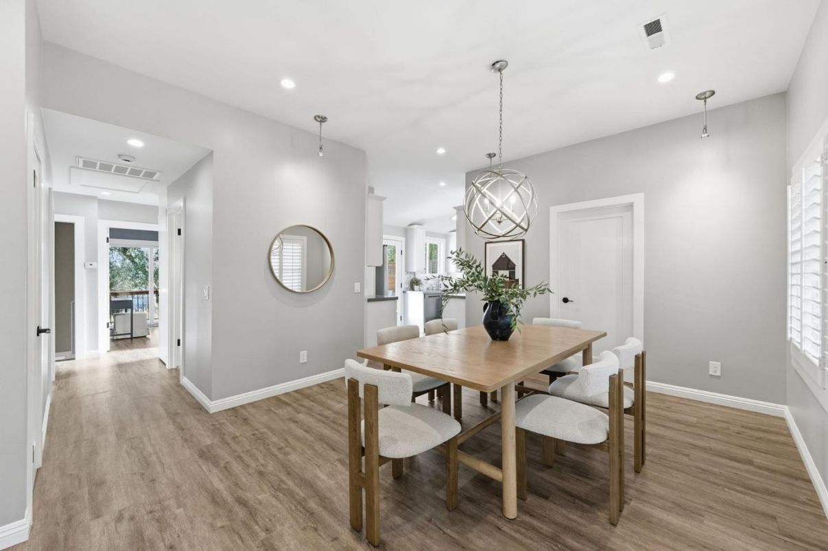 Dining room, Interior, Kitchen, Recessed Lighting, Stainless Steel Appliances, Wood Texture Flooring