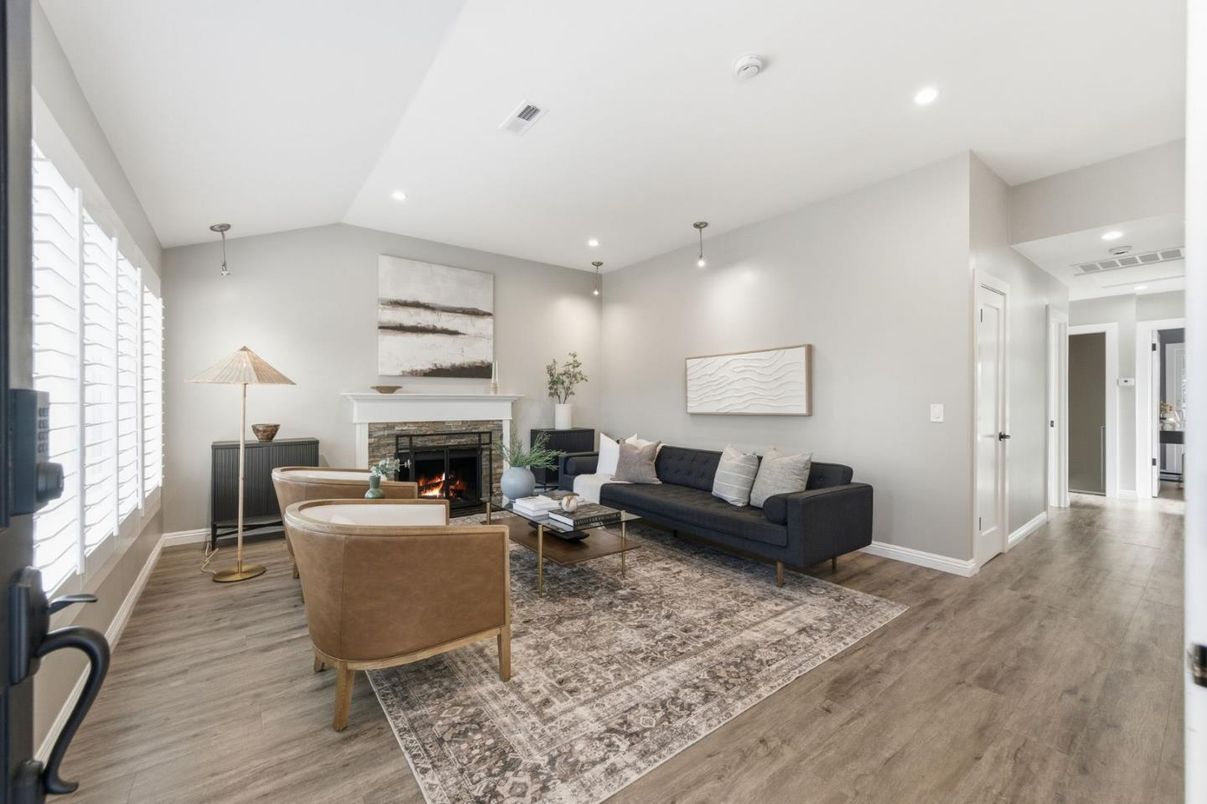 Fireplace, Interior, Living room, Recessed Lighting, Wood Texture Flooring