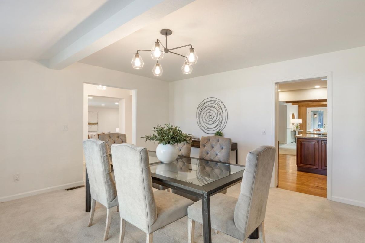 Dining room, Interior, Pendant Lights, Recessed Lighting, Wood Texture Flooring