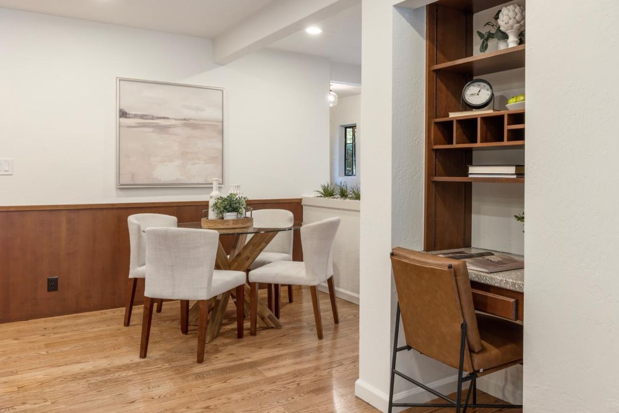 Dining room, Interior, Recessed Lighting, Wood Texture Flooring