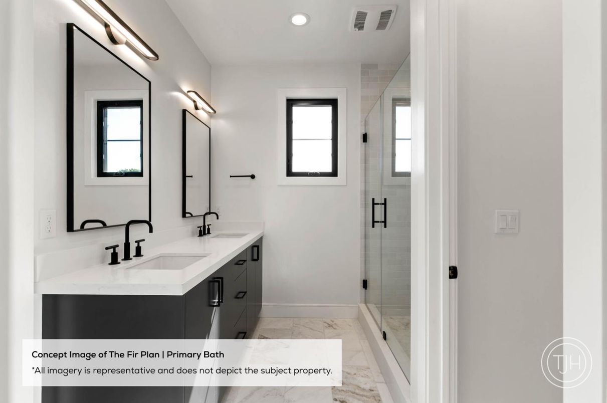 Bathroom, Dual Sink Vanities, Glass Shower, Interior, Marble, Recessed Lighting