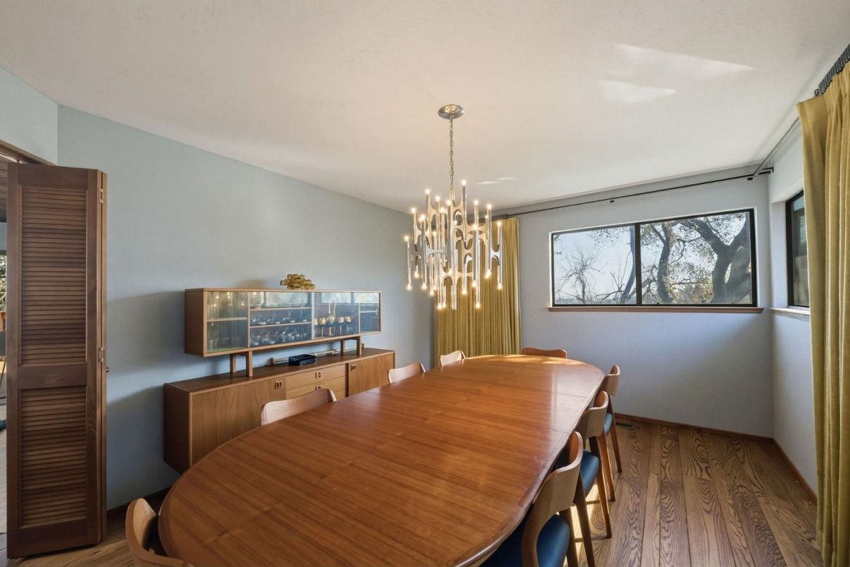 Dining room, Interior, Pendant Lights, Wood Texture Flooring