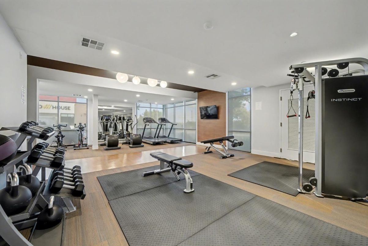 Fitness Equipment, Gym, Interior, Recessed Lighting, Wood Texture Flooring