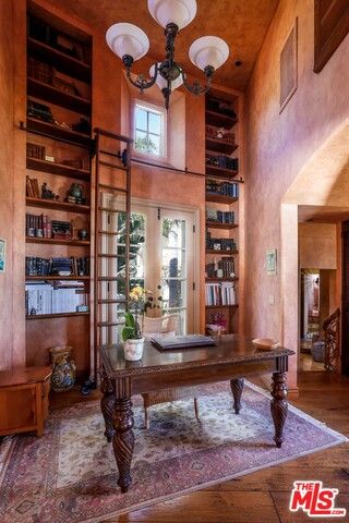 Chandelier, Home Office, Interior, Recessed Lighting, Wooden Beams, Wood Texture Flooring, Wooden Walls