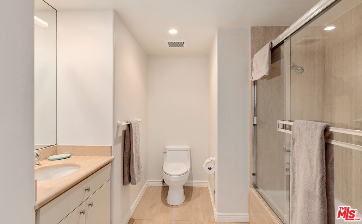 Bathroom, Glass Shower, Interior, Recessed Lighting, Wood Texture Flooring