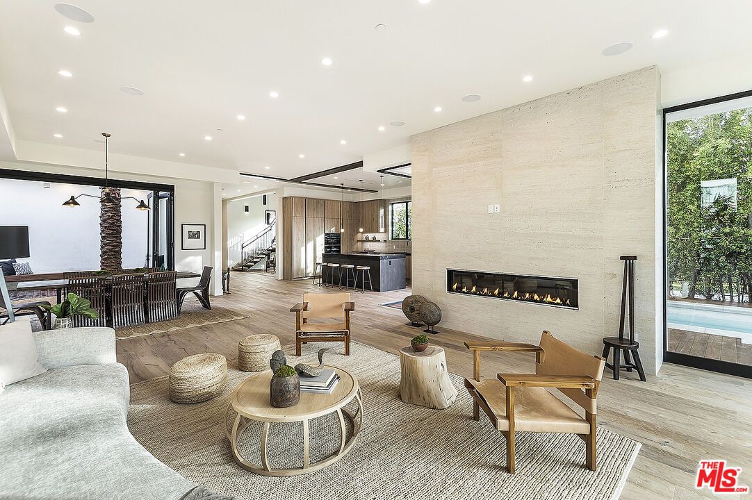 Dining room, Fireplace, Interior, Kitchen, Living room, Pendant Lights, Recessed Lighting, Wood Texture Flooring