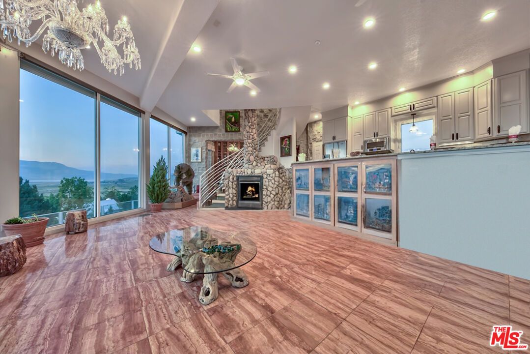 Fireplace, Interior, Kitchen, Recessed Lighting, Stone Walls
