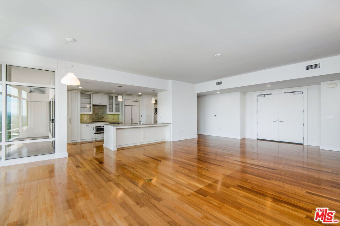 Empty room, Interior, Kitchen, Pendant Lights, Recessed Lighting, Wood Texture Flooring