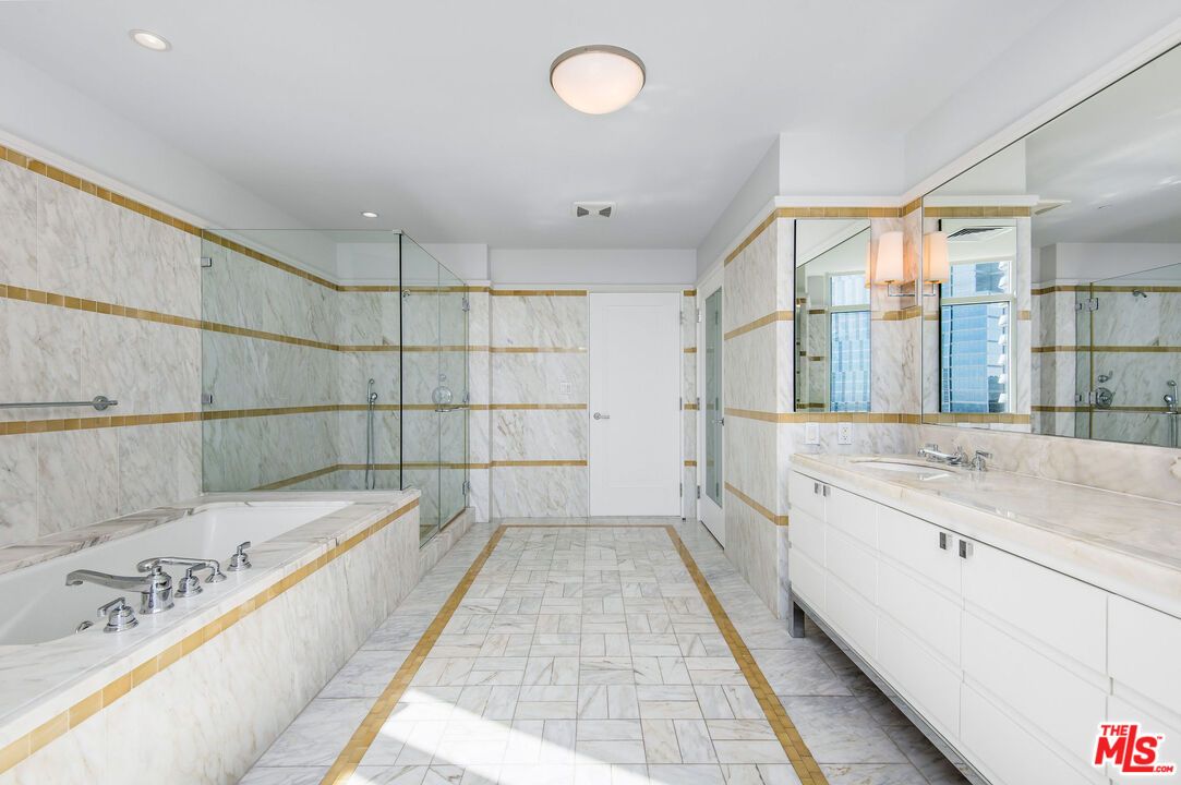 Bathroom, Dual Sink Vanities, Glass Shower, Interior, Marble, Recessed Lighting