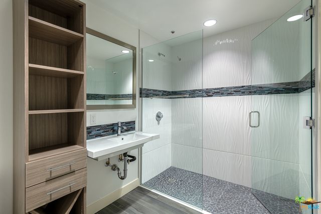 Bathroom, Glass Shower, Interior, Recessed Lighting, Wood Texture Flooring