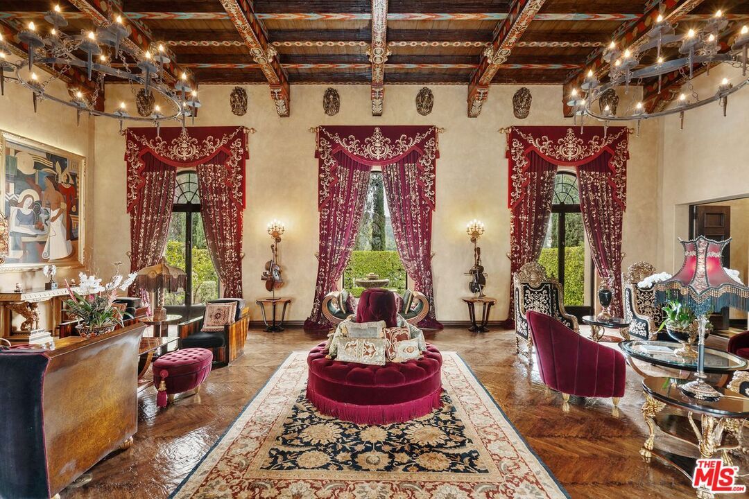 Chandelier, Interior, Living room, Wooden Beams, Wood Texture Flooring