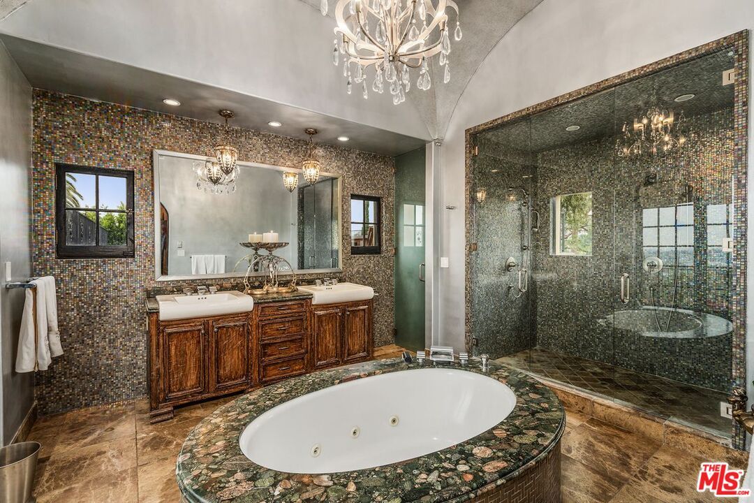 Bathroom, Chandelier, Dual Sink Vanities, Glass Shower, Interior, Recessed Lighting