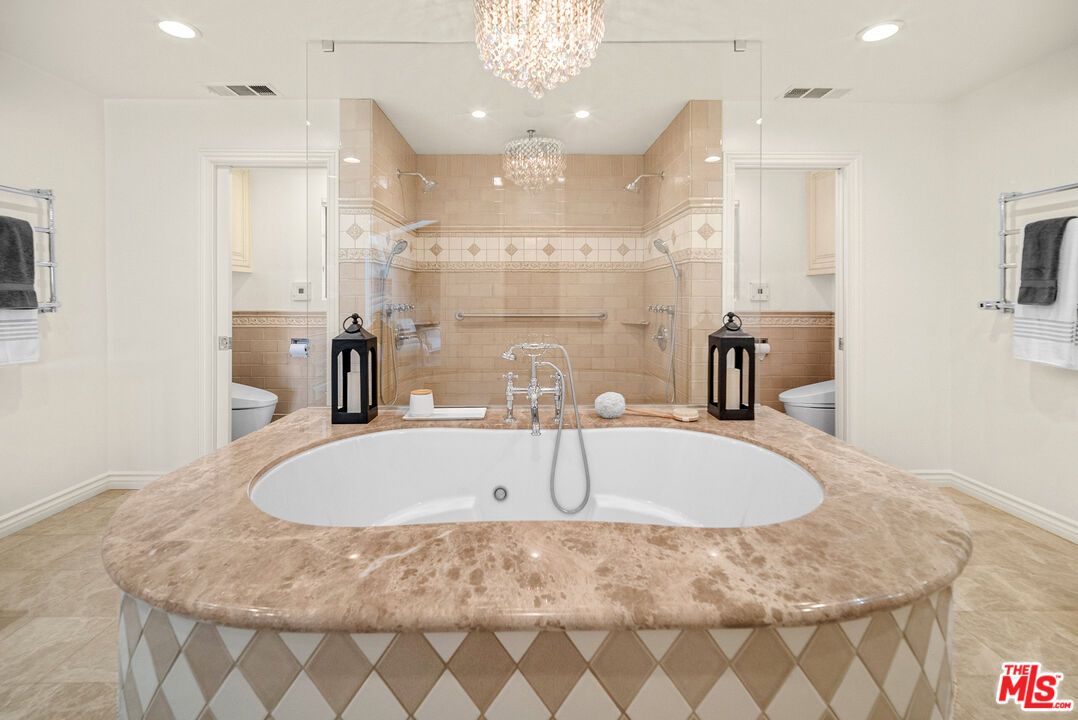 Bathroom, Chandelier, Glass Shower, Interior, Recessed Lighting