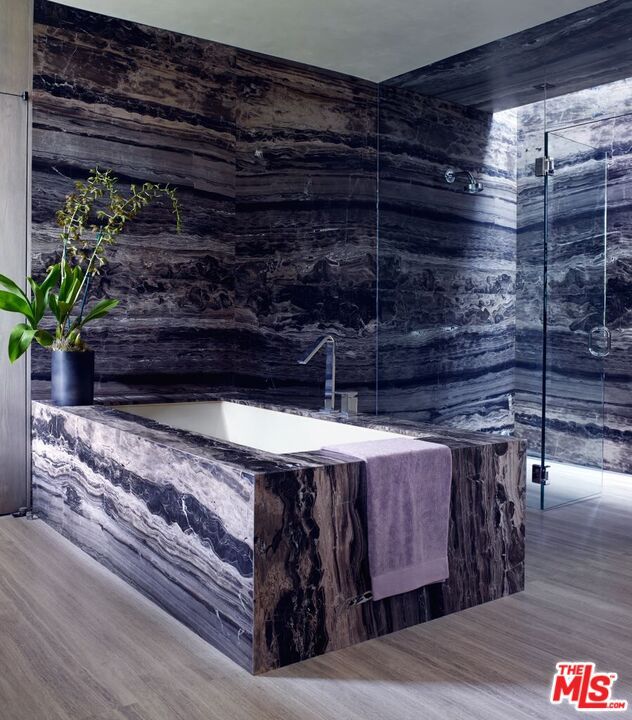 Bathroom, Glass Shower, Interior, Wood Texture Flooring