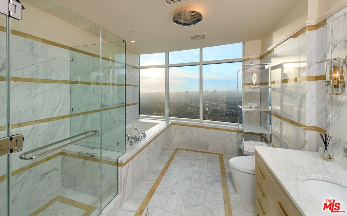 Bathroom, Glass Shower, Interior, Marble, Marble Walls, Recessed Lighting