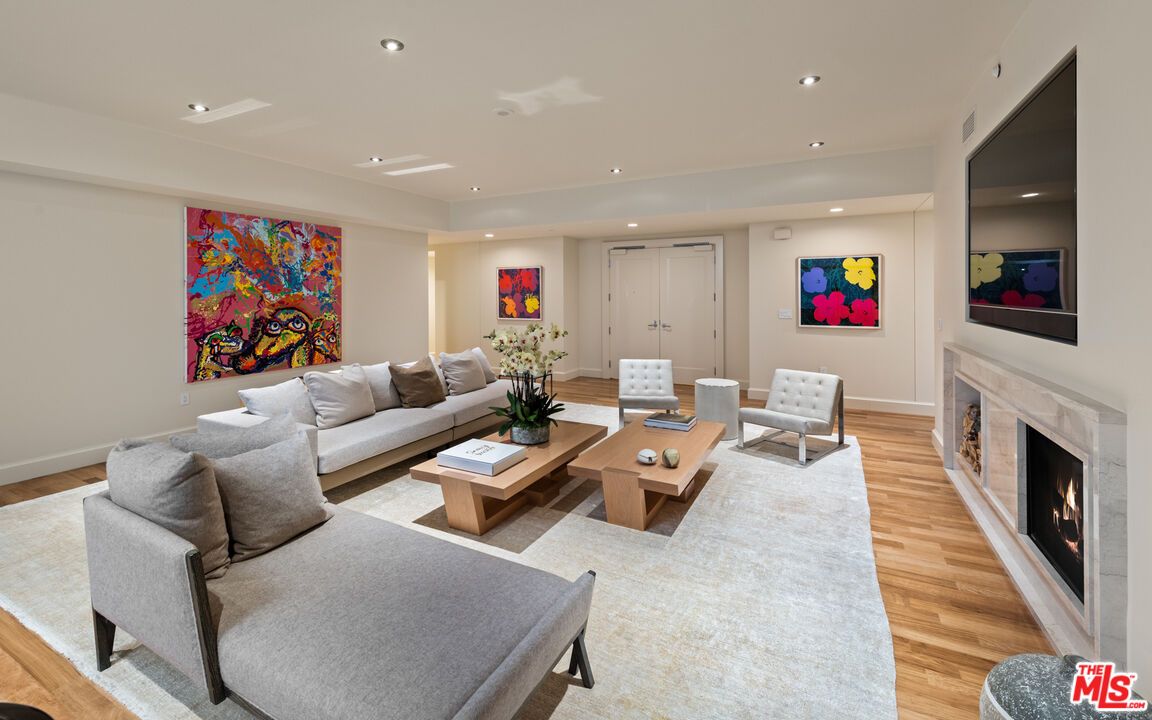 Fireplace, Interior, Living room, Recessed Lighting, Wood Texture Flooring