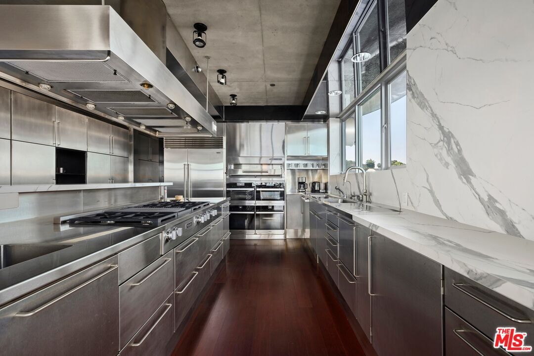 Interior, Kitchen, Marble Walls, Stainless Steel Appliances, Wood Texture Flooring