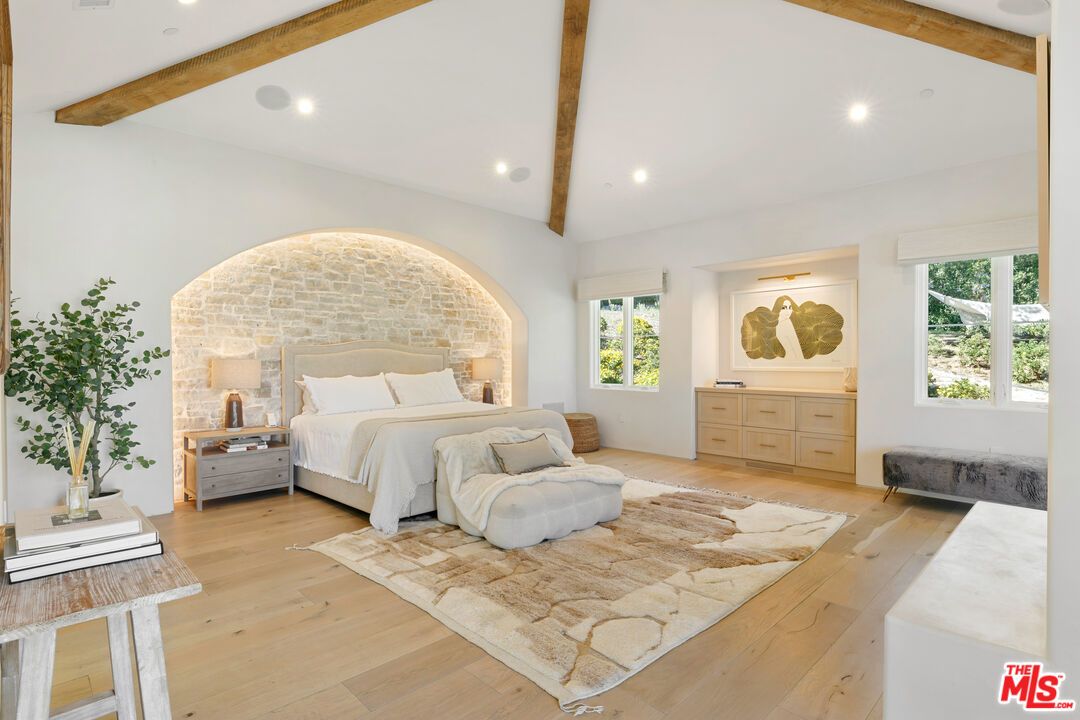 Bedroom, Interior, Recessed Lighting, Wooden Beams, Wood Texture Flooring
