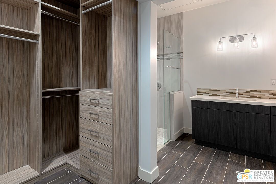 Bathroom, Dual Sink Vanities, Glass Shower, Interior, Walk-in Closets, Wood Texture Flooring