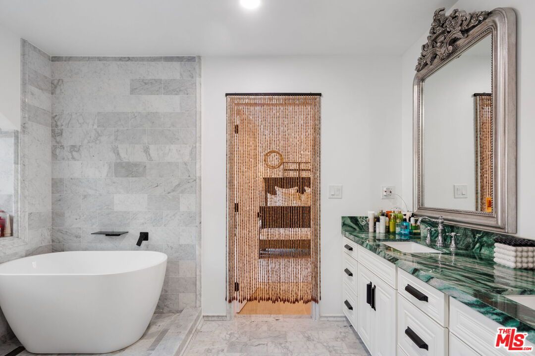 Bathroom, Dual Sink Vanities, Free Standing Baths, Interior, Marble, Recessed Lighting