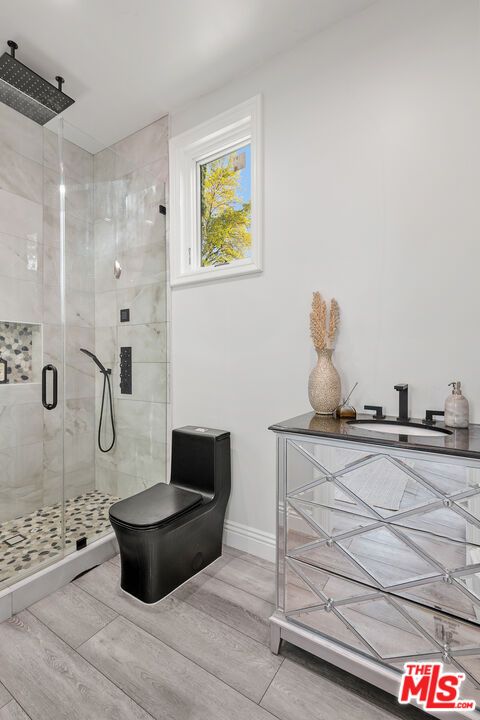 Bathroom, Glass Shower, Interior, Wood Texture Flooring