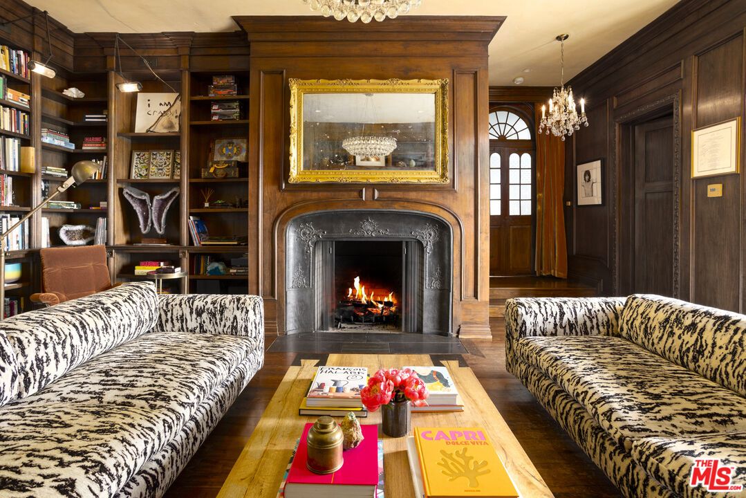 Chandelier, Fireplace, Interior, Living room, Wood Texture Flooring, Wooden Walls