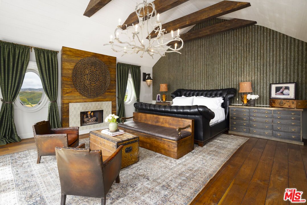 Bedroom, Chandelier, Fireplace, Interior, Wooden Beams, Wood Texture Flooring