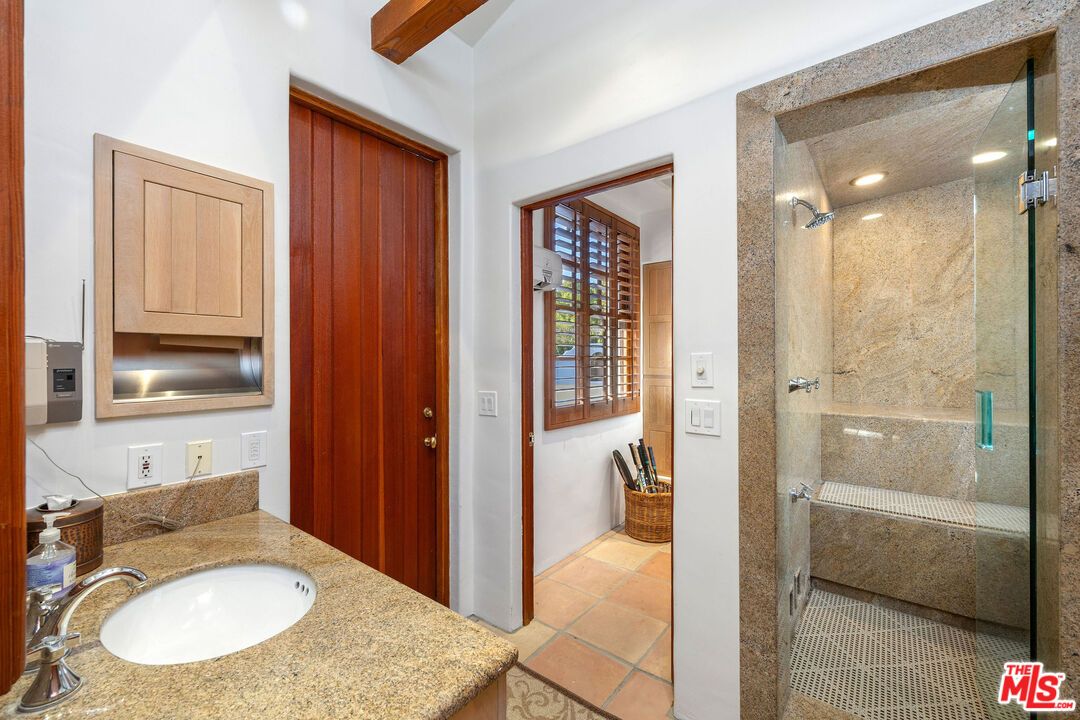 Bathroom, Glass Shower, Interior, Recessed Lighting, Wooden Beams