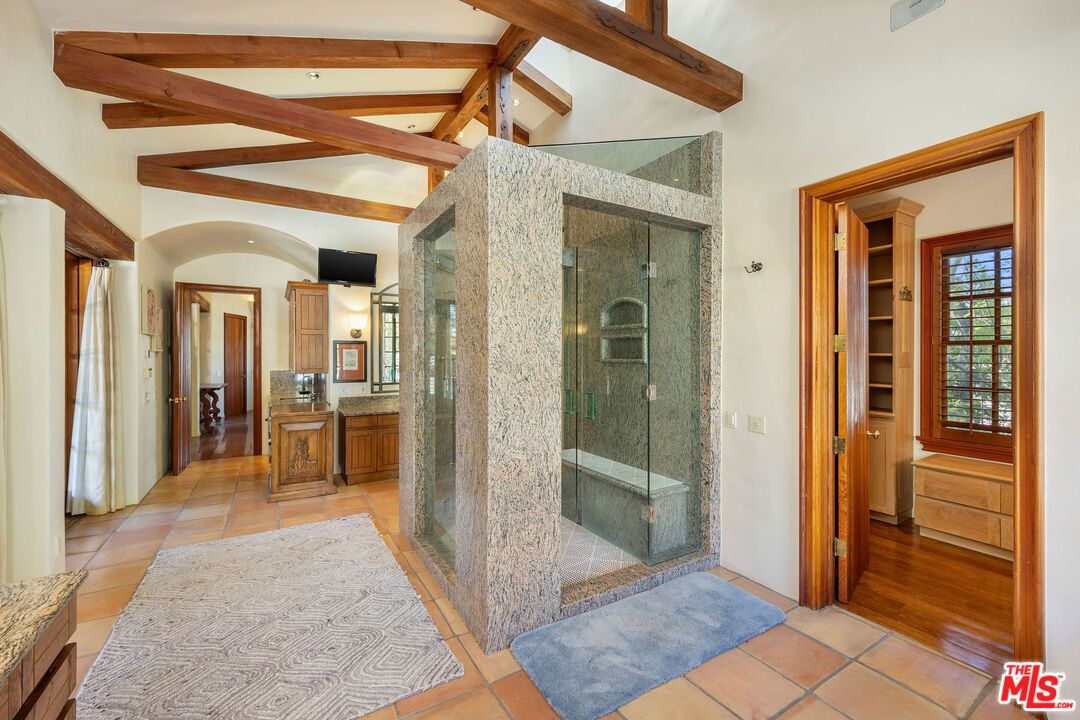 Bathroom, Glass Shower, Interior, Recessed Lighting, Wooden Beams, Wood Texture Flooring