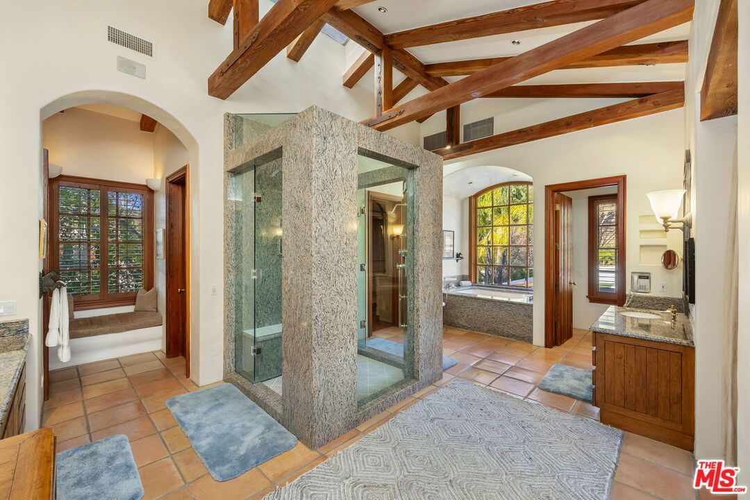 Bathroom, Glass Shower, Interior, Recessed Lighting, Wooden Beams