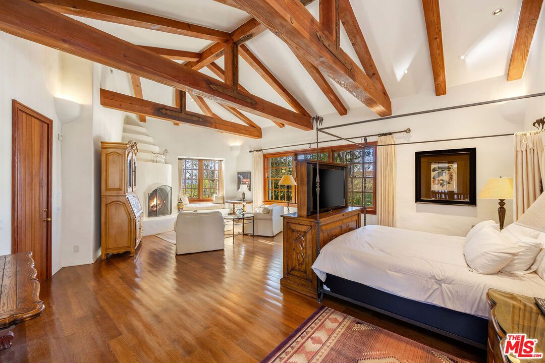 Bedroom, Fireplace, Interior, Living room, Wooden Beams, Wood Texture Flooring