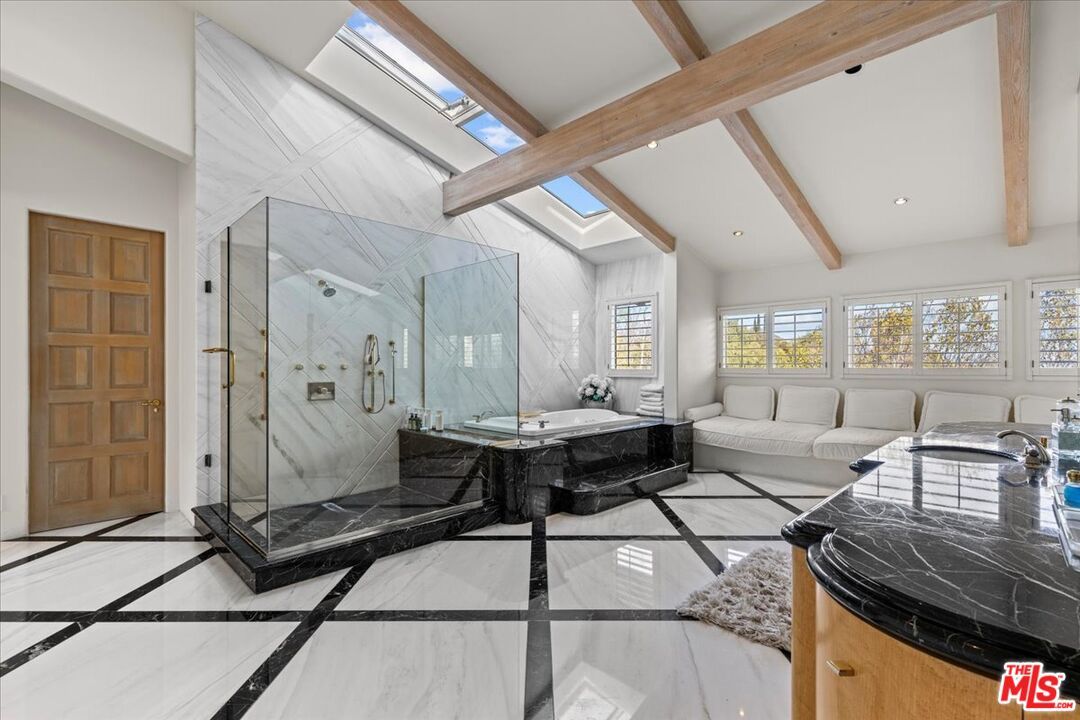 Bathroom, Glass Shower, Interior, Living room, Marble, Marble Walls, Recessed Lighting, Wooden Beams