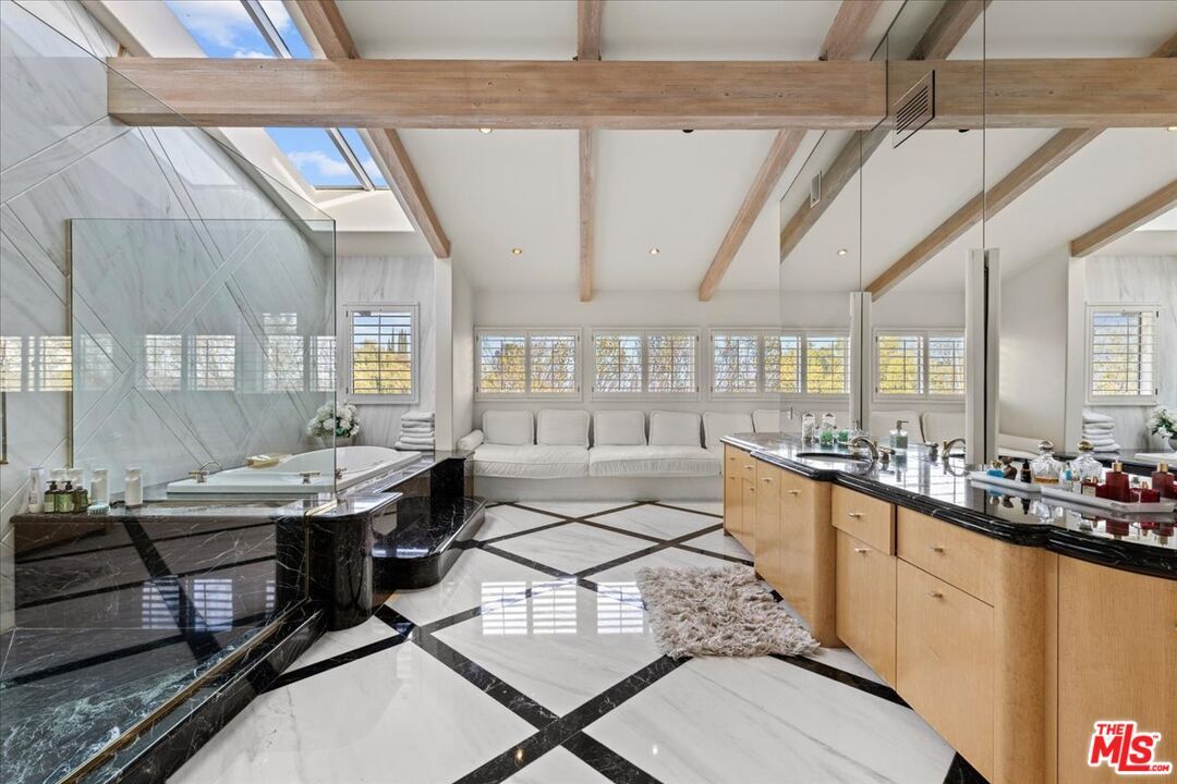 Bathroom, Dual Sink Vanities, Glass Ceilings, Glass Shower, Interior, Recessed Lighting, Wooden Beams