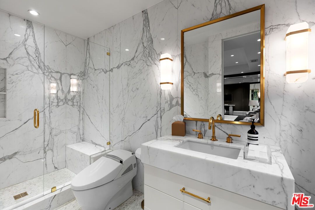 Bathroom, Glass Shower, Interior, Marble Walls, Recessed Lighting