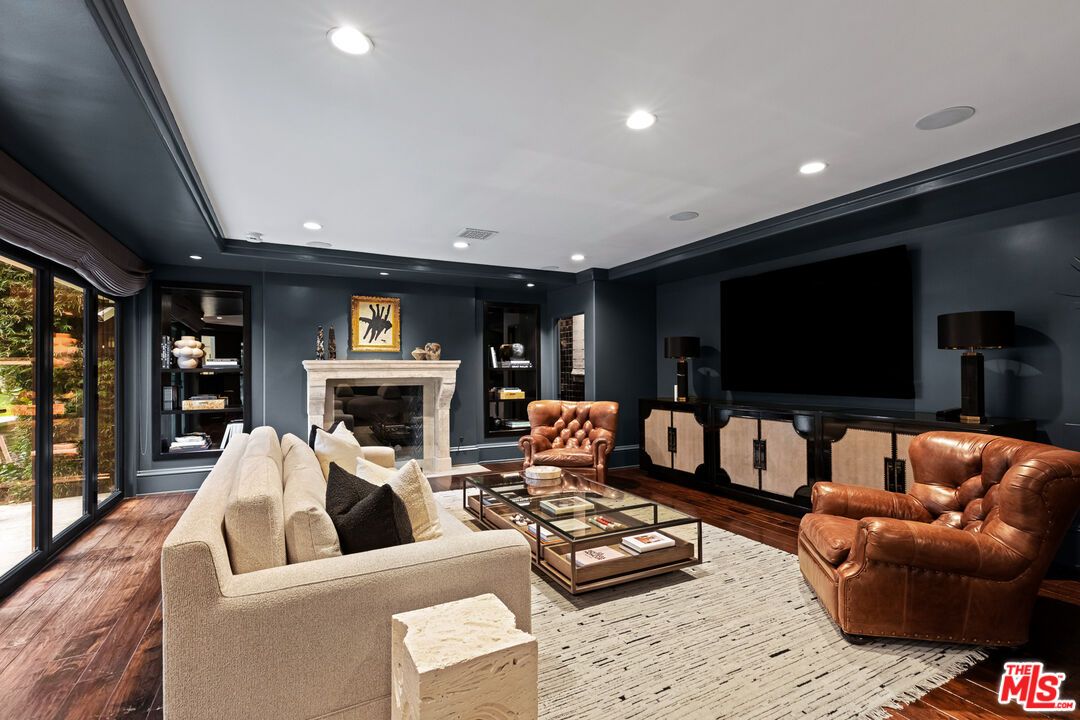 Fireplace, Interior, Living room, Recessed Lighting, Wood Texture Flooring