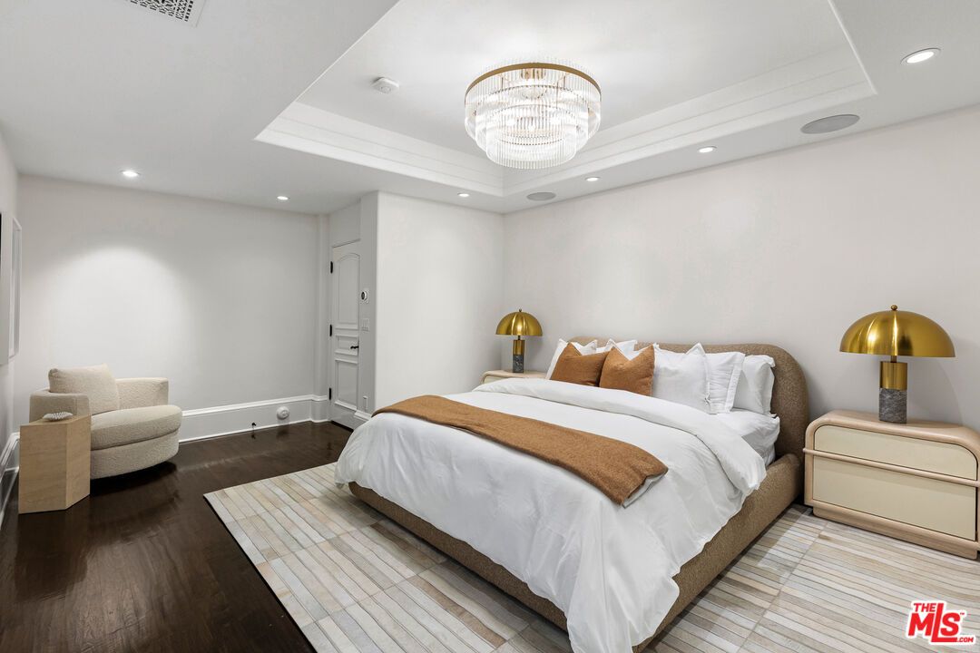 Bedroom, Chandelier, Interior, Recessed Lighting, Wood Texture Flooring