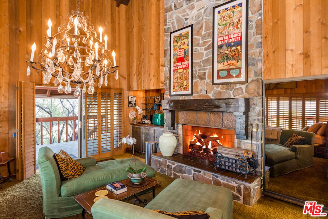 Chandelier, Fireplace, Interior, Living room, Stone Walls, Wooden Walls