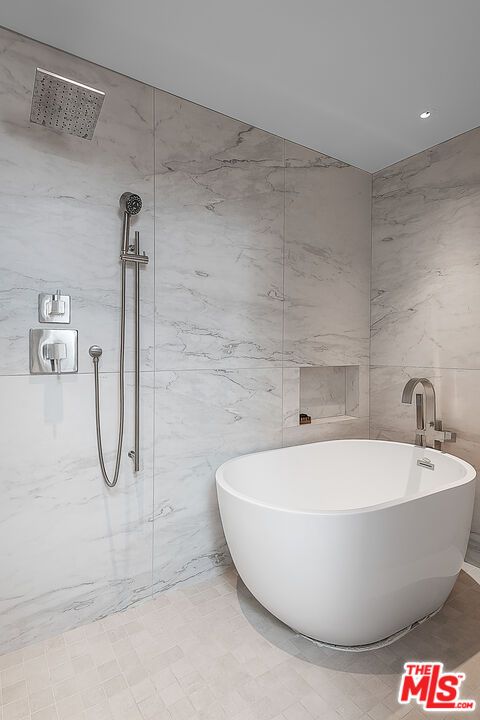 Bathroom, Free Standing Baths, Glass Shower, Interior, Marble Walls, Recessed Lighting