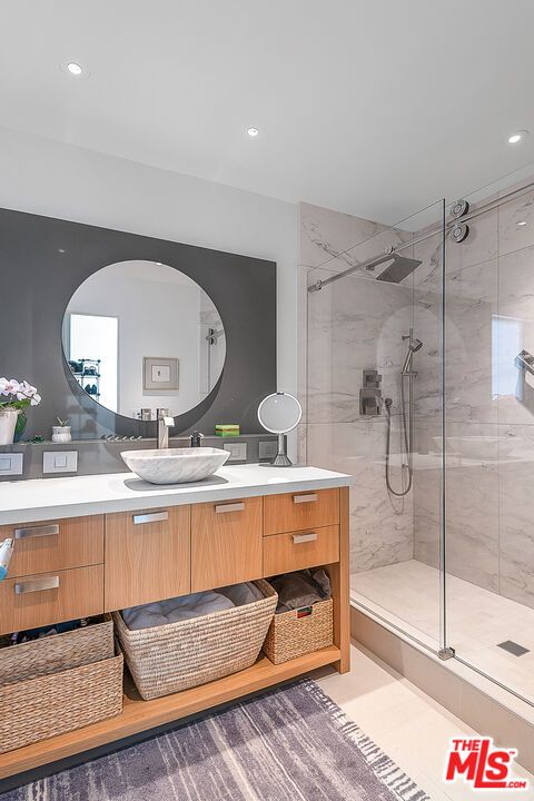 Bathroom, Glass Shower, Interior, Marble Walls, Recessed Lighting