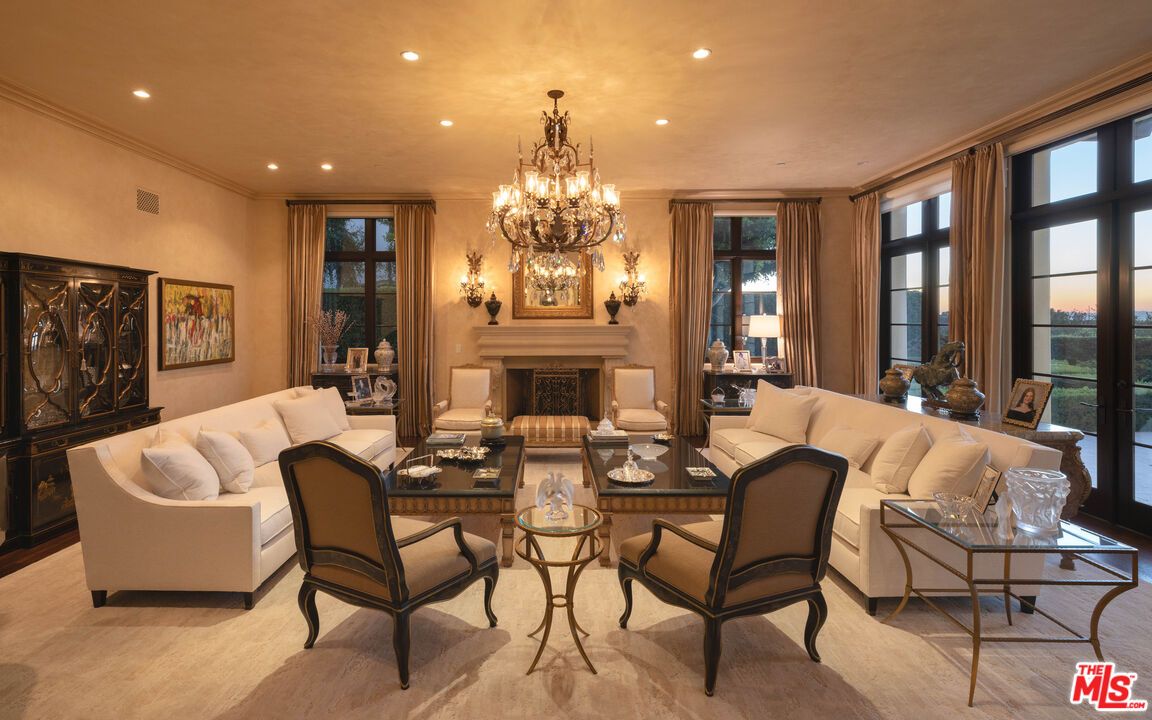 Chandelier, Fireplace, Interior, Living room, Recessed Lighting