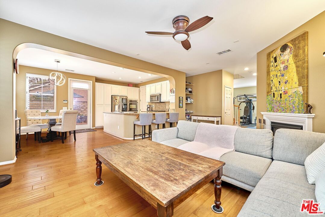 Dining room, Fireplace, Interior, Kitchen, Living room, Pendant Lights, Recessed Lighting, Wood Texture Flooring