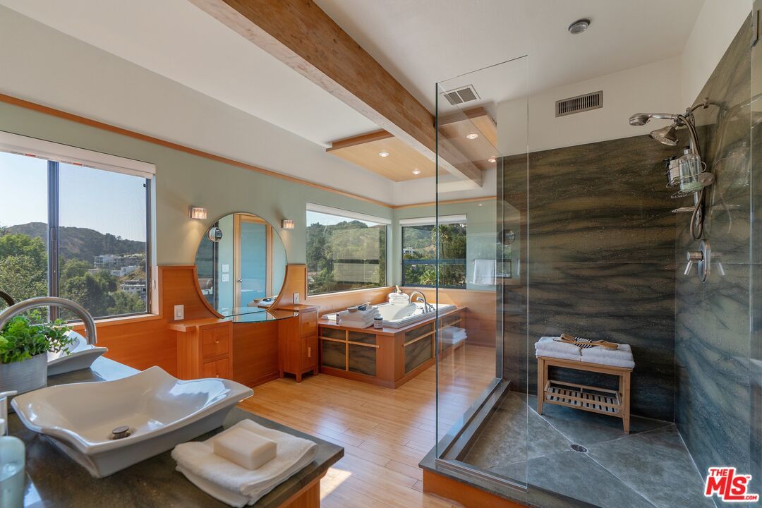 Bathroom, Glass Shower, Interior, Recessed Lighting, Wooden Beams, Wood Texture Flooring