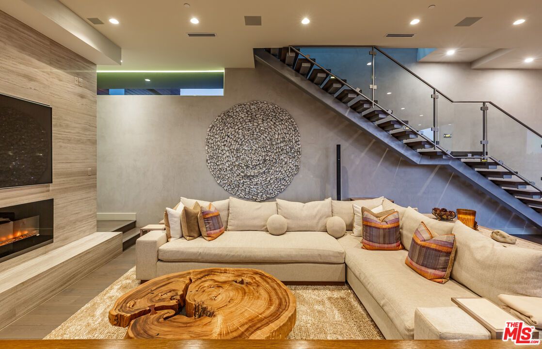 Fireplace, Interior, Living room, Recessed Lighting, Wood Texture Flooring