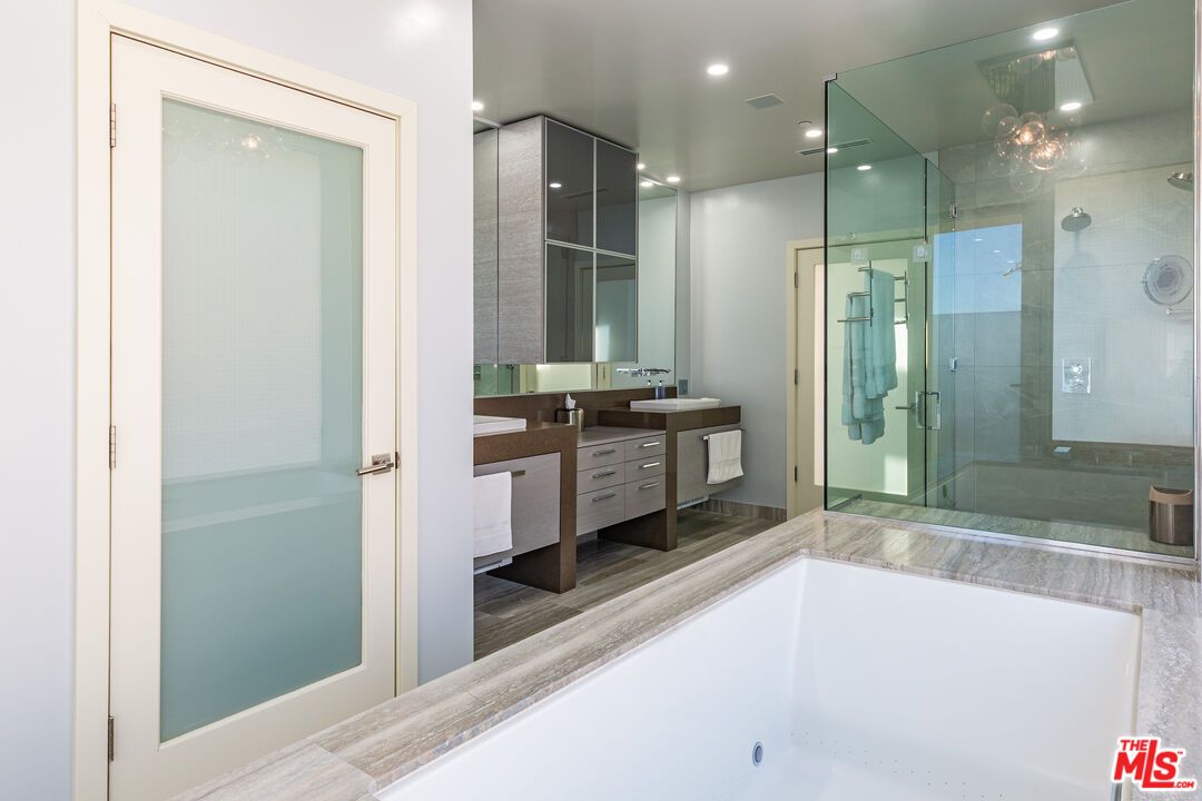 Bathroom, Glass Shower, Interior, Recessed Lighting, Wood Texture Flooring