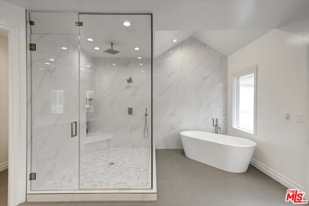Bathroom, Free Standing Baths, Glass Shower, Interior, Marble Walls, Recessed Lighting