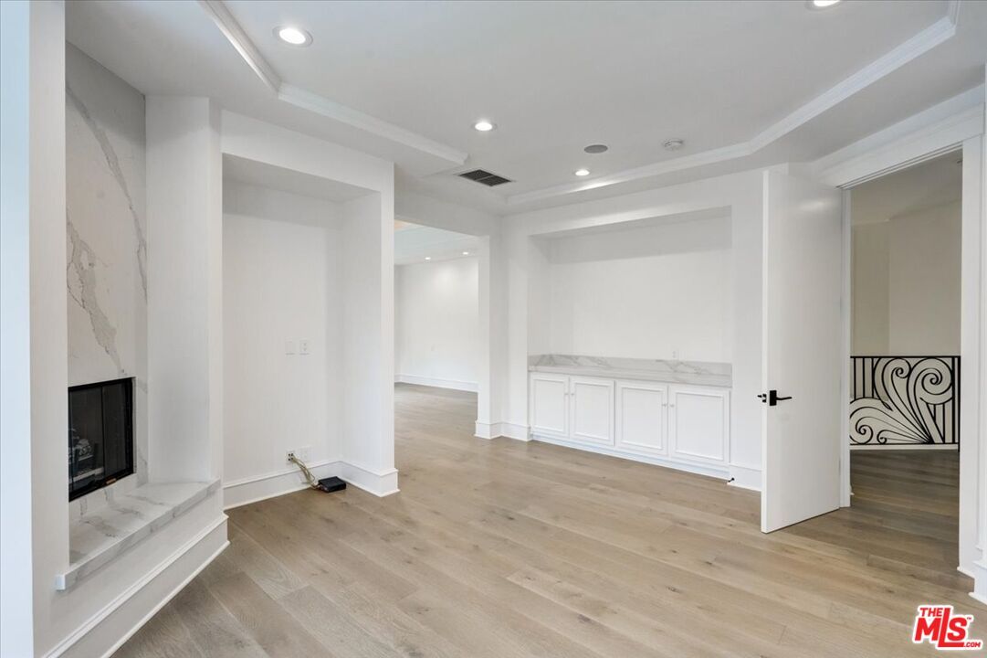 Empty room, Fireplace, Interior, Recessed Lighting, Wood Texture Flooring