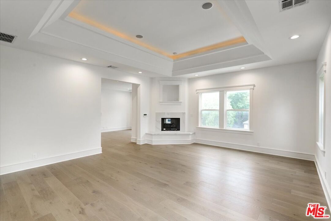 Empty room, Fireplace, Interior, Recessed Lighting, Wood Texture Flooring