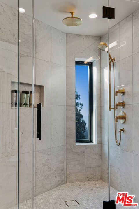 Bathroom, Glass Shower, Interior, Marble Walls, Recessed Lighting