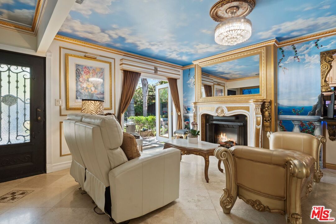 Chandelier, Fireplace, Interior, Living room