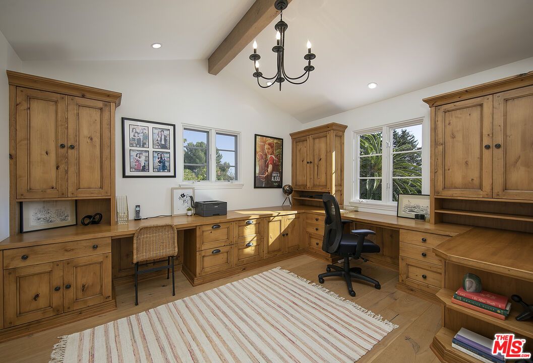 Chandelier, Home Office, Interior, Recessed Lighting, Wooden Beams, Wood Texture Flooring